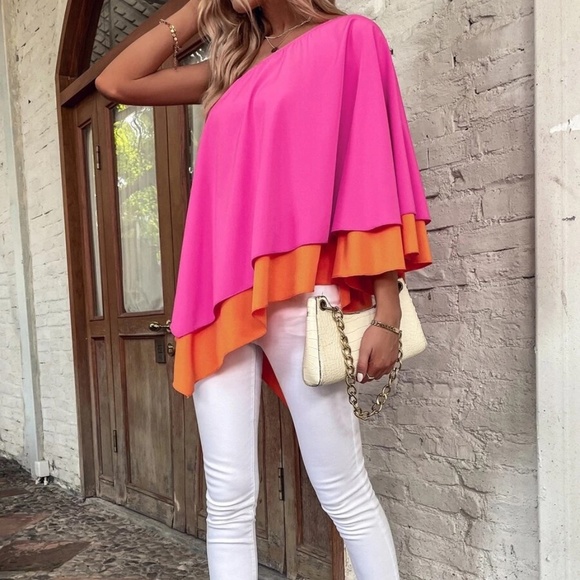 Womens One Shoulder Hi Lo Colorblock Blouse in Magenta Combo in Various NWT - Picture 3 of 6
